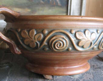 Weller Bowl, two handle, Brown brushed glaze, Claremont, raised leaves design, Vintage