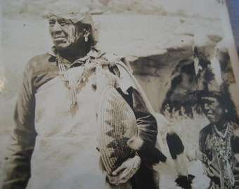 2 Photo Postcards of American Indians, Navajo Family and Ceremonial dancers, Vintage 1920s sepia photos