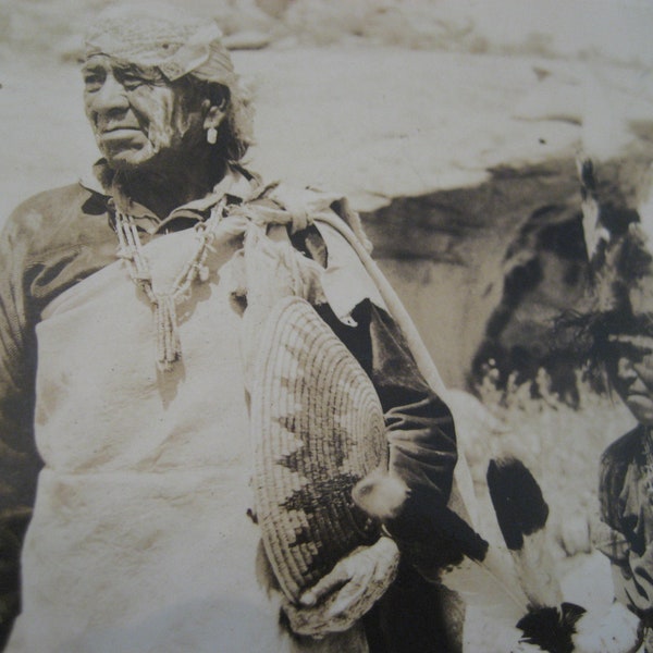 2 Photo Postcards of American Indians, Navajo Family and Ceremonial dancers, Vintage 1920s sepia photos