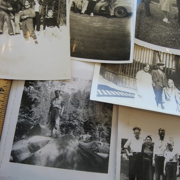 Vintage Group of Photos, 16 photos of Adults, Men waiting, Families, Rock Climbing, Gatherings, at the beach and in uniform