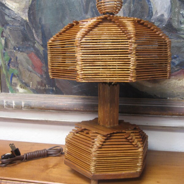 Wooden Tramp Art Lamp, vintage popcycle stick lamp