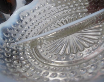 Thousand Eye Pressed Glass Dish With Milk Glass Edge, Vintage glass, Hobnail with opalescent white rim and separation down the middle