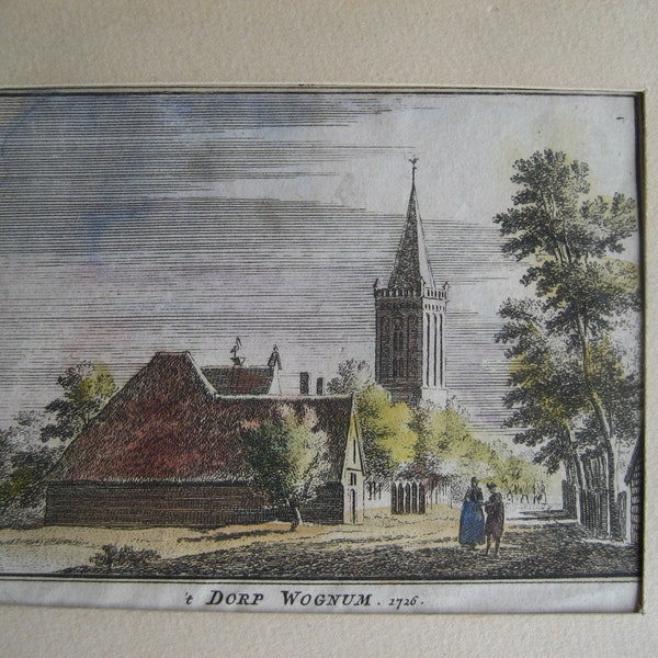 Kirk van Watweide hand colored Copperplate Engraving from a book of town and city views 'Het verheerlykt Nederland' 1726, village of Wognum