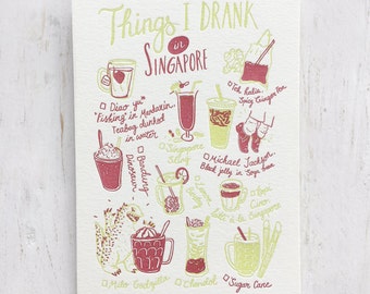 Things I Drank in Singapore Letterpress Postcard