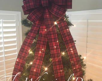 buffalo plaid tree bow christmas tree topper bow whimsical bow tree topper santa tree bow merry christmas tree bow farmhouse tree bow - Christmas Tree Bows buffalo plaid tree bow christmas tree topper bow whimsical bow tree topper santa tree bow merry christmas tree bow farmhouse tree bow - Christmas Tree Bows