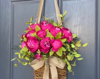 Hot Pink Peony Basket Wreath: Spring Farmhouse Door Decor