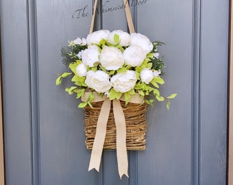 Peony basket wreath - spring wreath - front door wreath - farmhouse wreath- double door wreath - wreaths for front door peony wreath- white