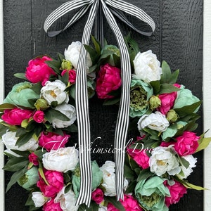 Peony wreath for front door- Peony wreath- spring wreath - pink peony wreath- pink white turquoise