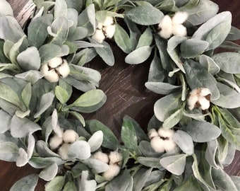 Farmhouse wreath - lambs ear wreath -cotton wreath - fixer upper wreath - wreaths for front door