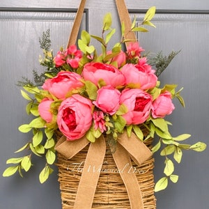 Peony Basket Wreath: Spring Farmhouse Door Decor - bright pink two tone peony wreath basket