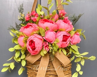 Peony Basket Wreath: Spring Farmhouse Door Decor - bright pink two tone peony wreath basket