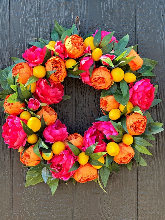 Citrus Peony wreath -  pink and orange peony wreath - lemon wreath - peony wreath - Bright Pink and Orange Peony Wreath for Front Door