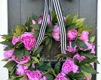 Striped bow peony wreath - spring wreath - French inspired wreath - pink peony wreath