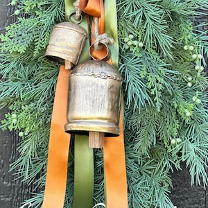 Copper Christmas swag - Christmas wreath with bells - copper and olive bow