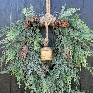 Frosted Juniper Christmas Wreath with Bells – Handcrafted Winter Decor
