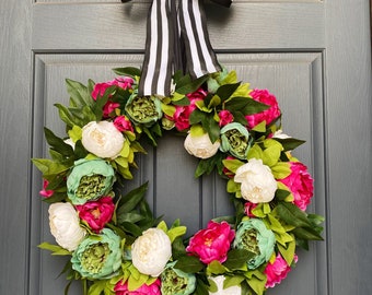 Peony wreath for front door- Peony wreath- spring wreath - pink peony wreath