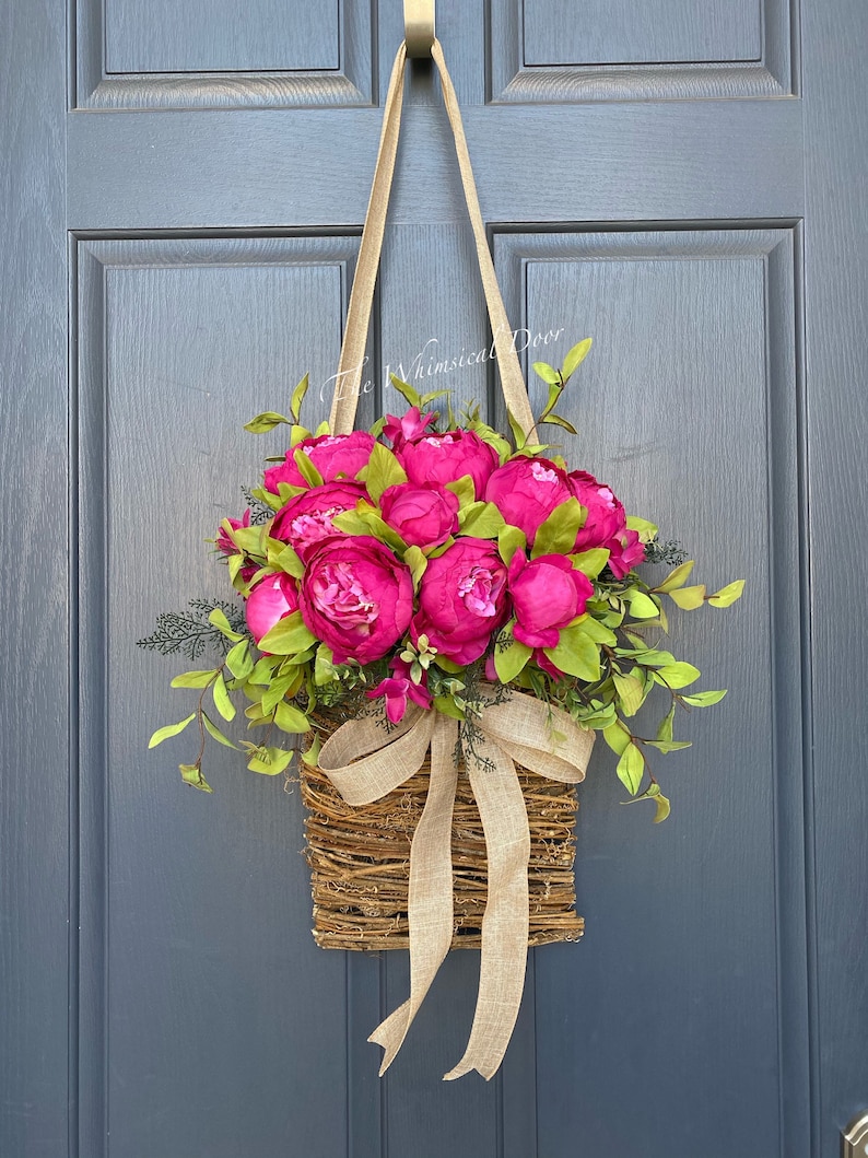 Peony basket wreath spring wreath front door wreath