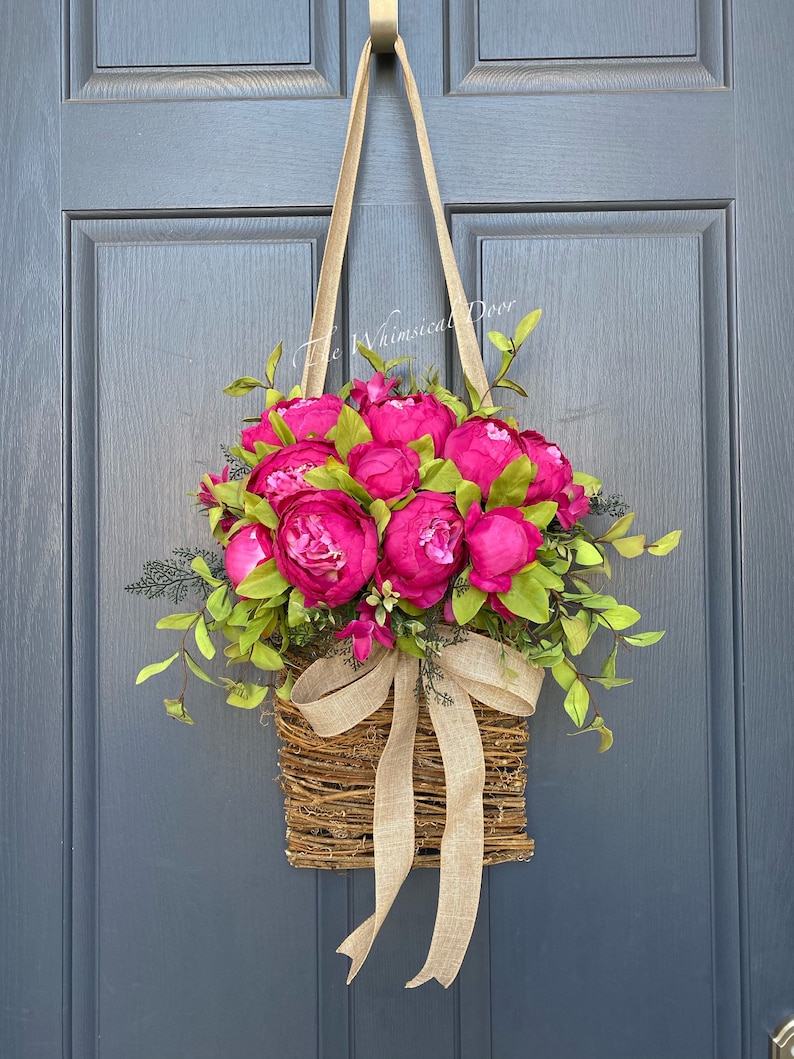 Peony basket wreath  spring wreath  front door wreath