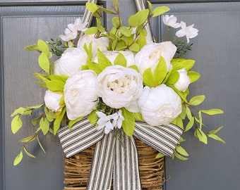 Peony basket wreath - Fall wreath - front door wreath - farmhouse wreath- double door wreath - wreaths for front door peony wreath- white