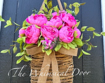 Peony basket wreath - spring wreath - front door wreath - farmhouse wreath- double door wreath - wreaths for front door - bubblegum pink