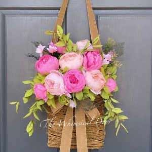 Peony basket wreath - spring wreath - front door wreath - farmhouse wreath- double door wreath - wreaths for front door peony wreath