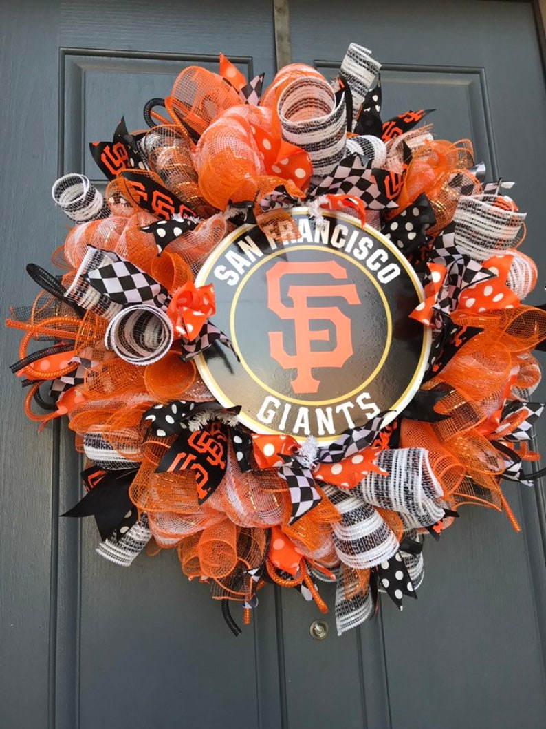 San Francisco Giants Baseball Decomesh Wreath Orange Black Polkadot Harlequin Baseball Wreath