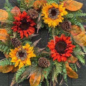 24” Fall Wreath with Sunflowers , Fall Foliage & Wispy Branches wreath - fall sunflower wreath