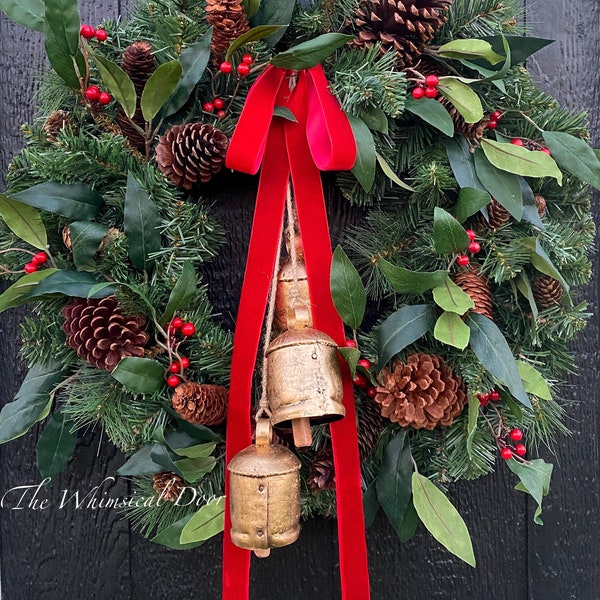 Christmas wreath- bell wreath - red velvet Christmas wreath with bells- traditional Christmas wreath