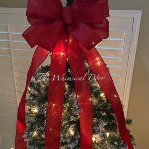 Burlap Tree Bow Christmas Tree Bow Tree Topper Bow Whimsical Bow Tree Topper burlap tree bow Farmhouse tree bow red