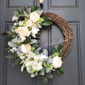 Peony Magnolia Spring Wreath: Front Door Decor, Lambs Ear