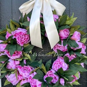 Cream bow peony wreath - spring wreath - French inspired wreath - pink peony wreath - best seller wreath