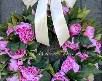 Cream bow peony wreath - spring wreath - French inspired wreath - pink peony wreath - best seller wreath