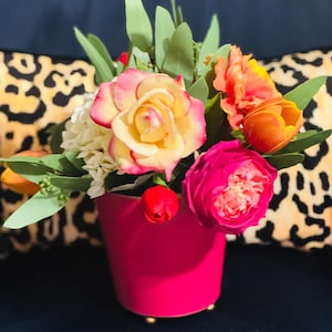 Faux Floral Arrangement: Roses, Peonies, Tulips in Blue and White Pot