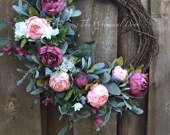 Farmhouse Peony Wreath: Spring Lambs Ear Front Door Decor