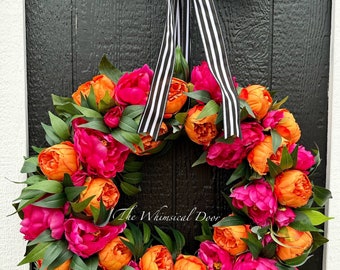 peony wreath - Tangerine Dreams - front door wreath - grand millennial wreath