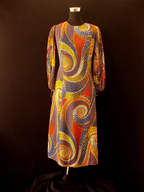 Vintage 1970s BIBA Style Chiffon Midi Dress with A