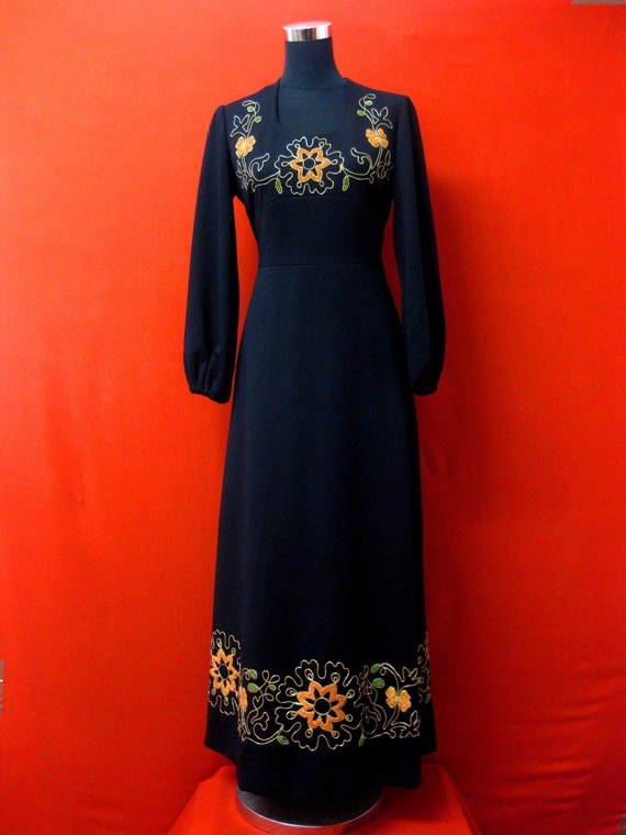 Vintage 1970s Black Embroidered Maxi Dress