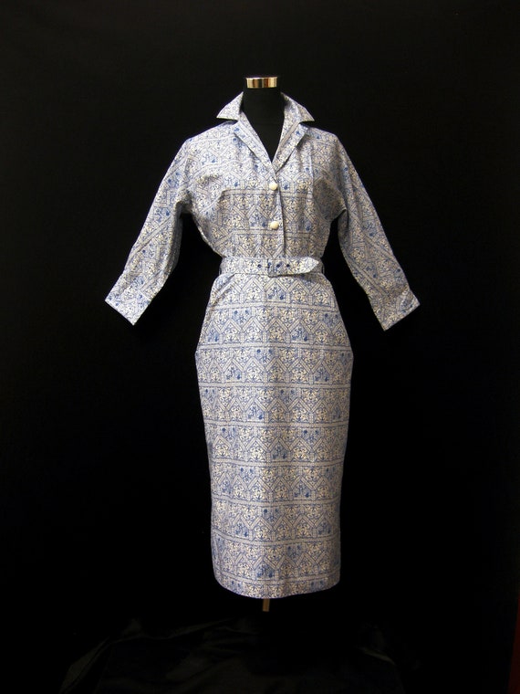 Vintage 1950s Linzi Line Blue Patterned Cotton Pen