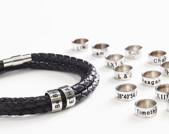 Custom Engraved Leather Bracelet, Personalized Family Names Initial Letters Roman Numeral Bracelet Custom Coordinate Bracelet Mens Bracelet