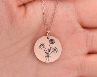 Combined Birth Flower Necklace, Birthday Gifts for Mom, Combined Birth Month Flower Bouquet Necklace Birth Month Pressed Flower Necklace