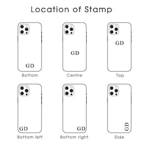 May include: A diagram titled Location of Stamp showing six black and white outlines of a smartphone with a triple-lens camera. Each outline displays the letters GD in different positions labelled Bottom, Centre, Top, Bottom left, Bottom right, and Side.