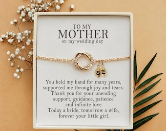 To My Mother on My Wedding Day, Gift for mom on wedding day from daughter, Personalized mother of the bride gift initial leaf charm