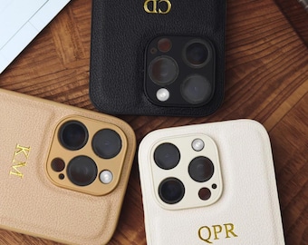 Personalized Gold Initial Case, Vegan Leather Monogram, Aesthetic iPhone 17 16 15 14 13 Case, Custom Name, Minimalist Gift for Her