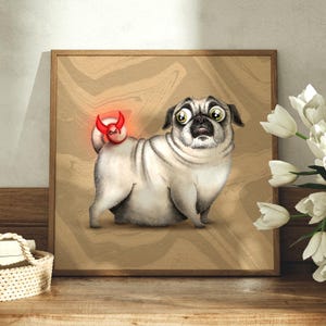 Könnte beinhalten: Eine Cartoon-Illustration eines Mops mit einem Teufels Schwanz. Der Mops hat einen überraschten Ausdruck mit großen Augen. Der Hintergrund ist hellbraun mit einem marmorierten Muster.