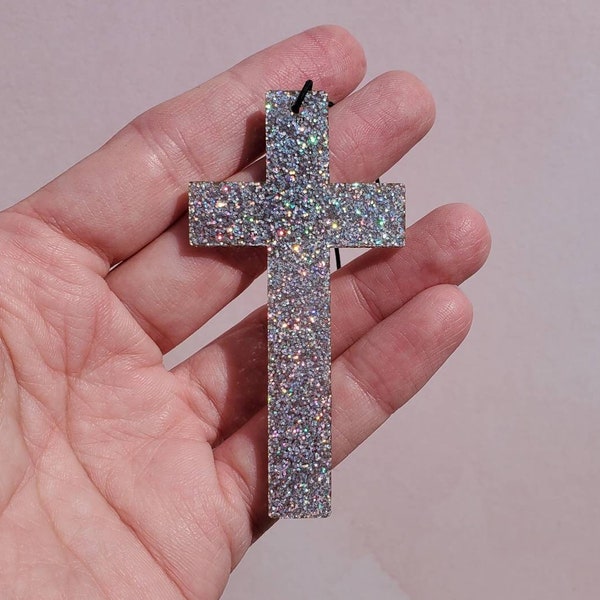 Holographic Cross, rearview mirror charm, cross charm, cross car charm, faith charm, faith cross, glitter car accessory cross, glitter cross