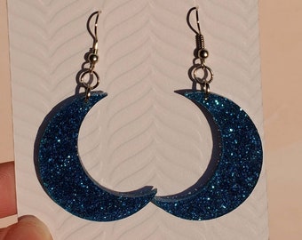 Blue Moon Earrings, Moon dangle earrings, crescent moon earrings, glitter blue moon earring, celestial jewelry, crescent moon earrings gifts