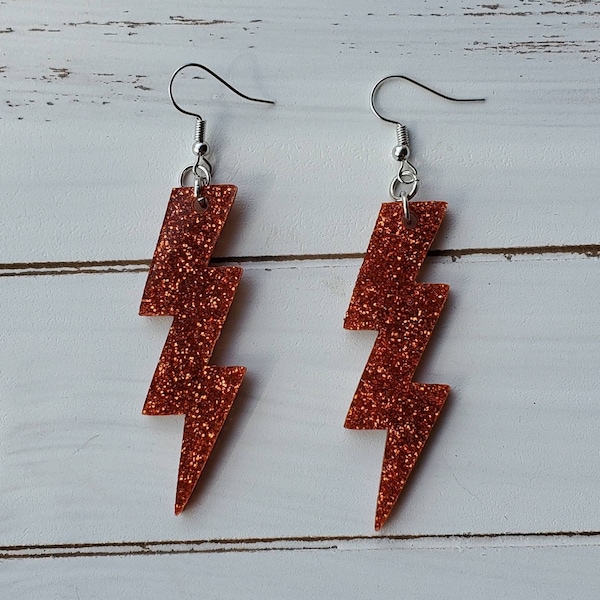 Lightning Bolt Earrings With Pink Glitter Confetti Inside - 3.5 Inch Acrylic Dangle Earrings - Fun Sparkly Accessory