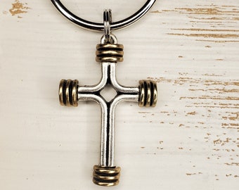 Masculine Cross keychain, mans keychain, mens religious keychain, faith keychain, blessed keychain, keychain for guy, gold cross, silver cro