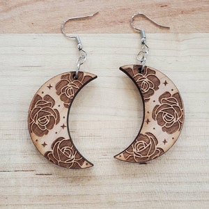 Moon Earrings, rose Moon dangle earrings, crescent moon earrings, engraved moon earring, star jewelry, festival earring, girl gift, rose ear