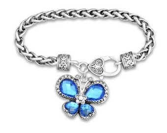 crystal butterfly bracelet, crystal blue butterfly, insect bracelet, mothers day bracelet, grandma bracelet, gift to mother, butterfly wing